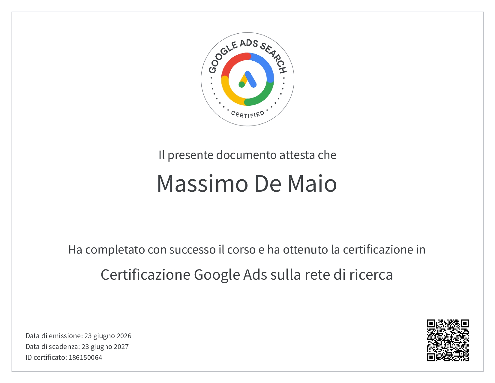 certificazione google ads massimo de maio
